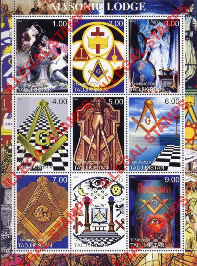 Tajikistan 2000 Masonic Lodge Illegal Stamp Souvenir Sheet of 9