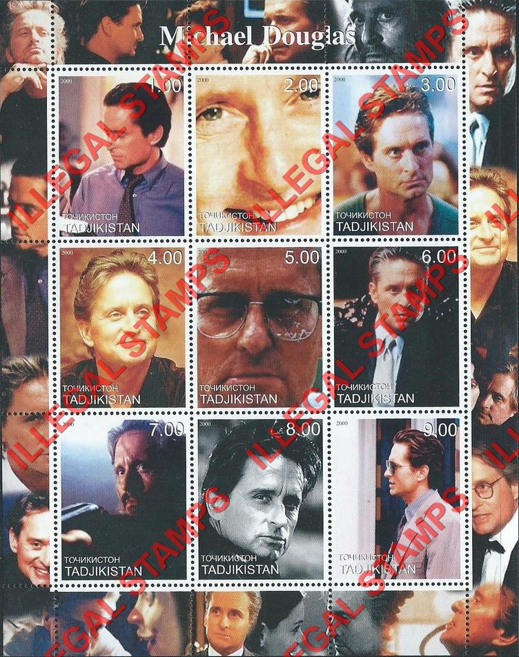 Tajikistan 2000 Michael Douglas Illegal Stamp Souvenir Sheet of 9