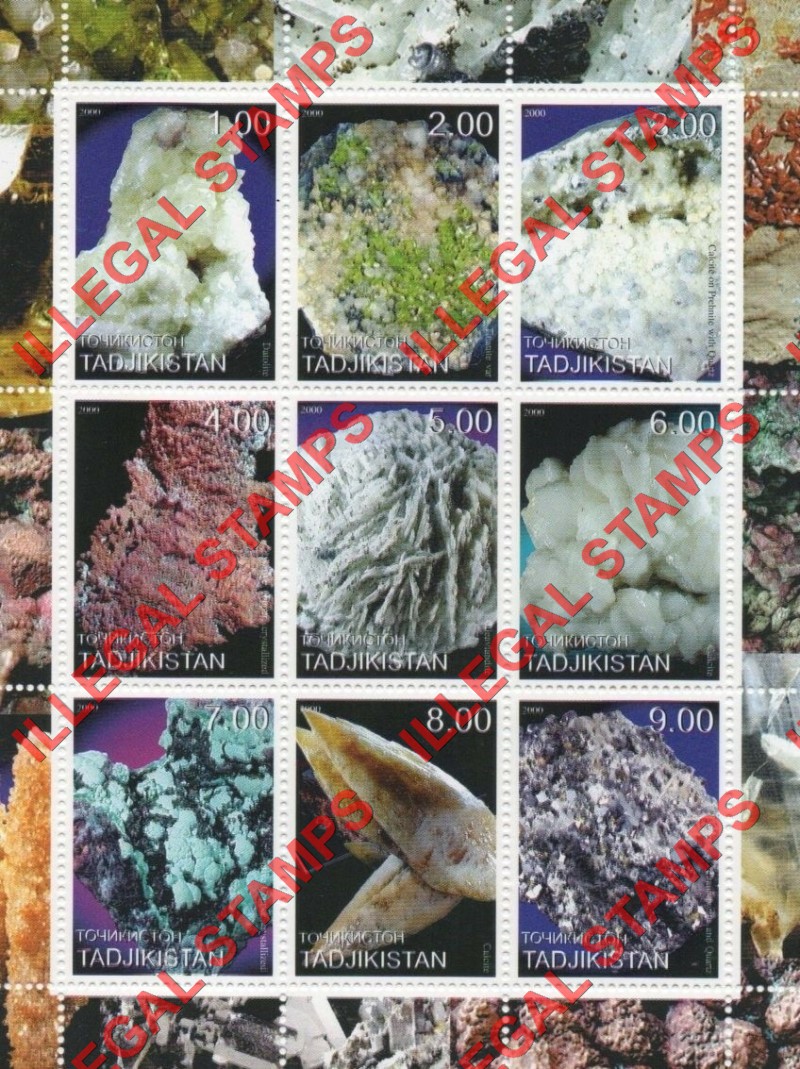 Tajikistan 2000 Minerals Illegal Stamp Souvenir Sheet of 9