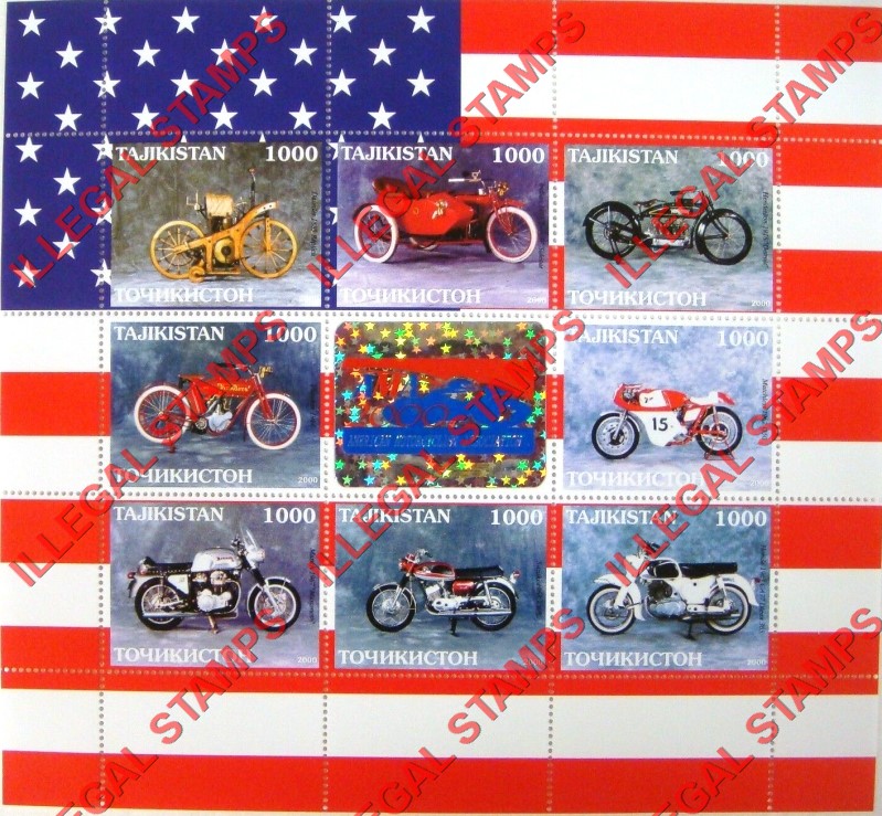 Tajikistan 2000 Motorcycles Illegal Stamp Souvenir Sheet of 8 with Hologram Center Label