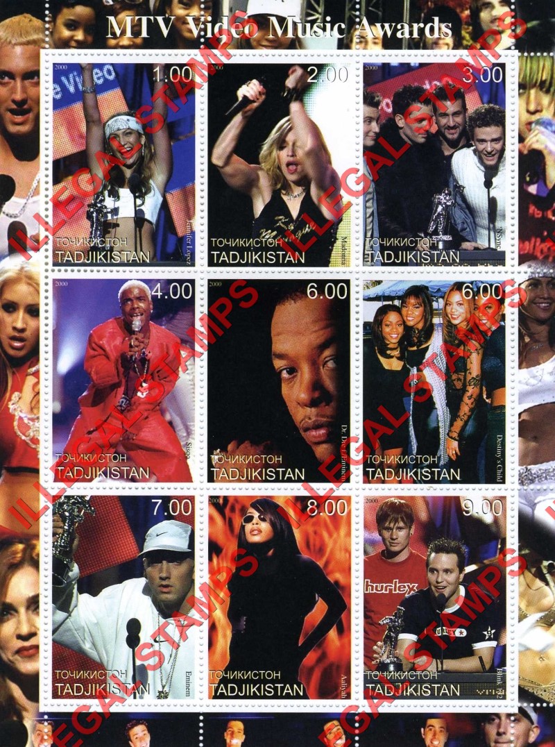 Tajikistan 2000 MTV Video Music Awards Illegal Stamp Souvenir Sheet of 9