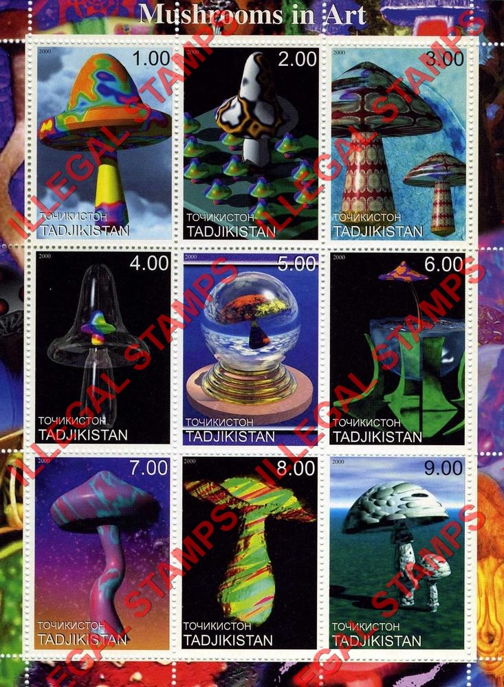 Tajikistan 2000 Mushrooms in Art Illegal Stamp Souvenir Sheet of 9
