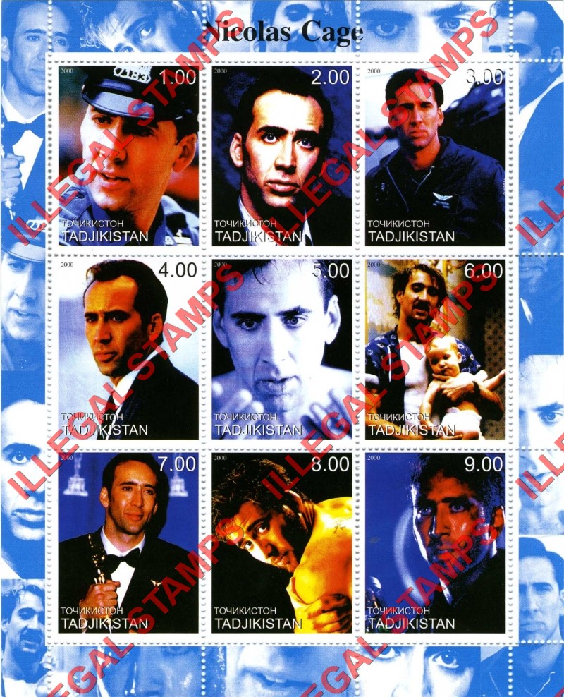 Tajikistan 2000 Nicolas Cage Illegal Stamp Souvenir Sheet of 9