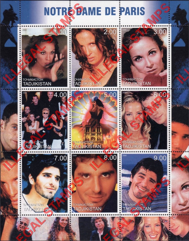 Tajikistan 2000 Notre Dame de Paris Illegal Stamp Souvenir Sheet of 9