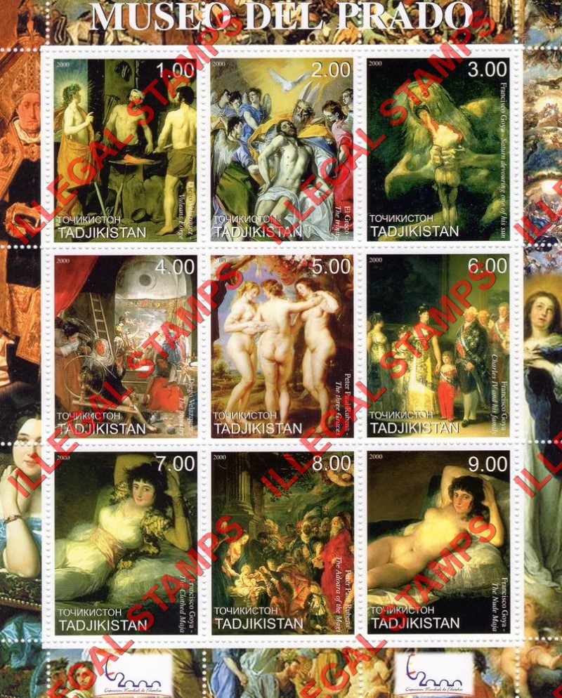 Tajikistan 2000 Paintings at the del Prado Museum Illegal Stamp Souvenir Sheet of 9