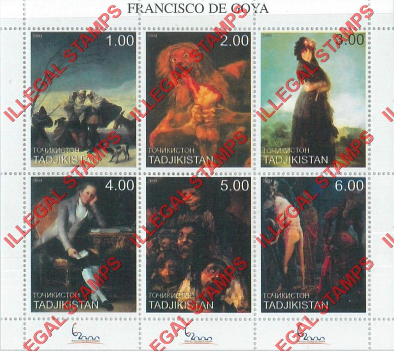 Tajikistan 2000 Paintings by Francisco de Goya Illegal Stamp Souvenir Sheet of 9