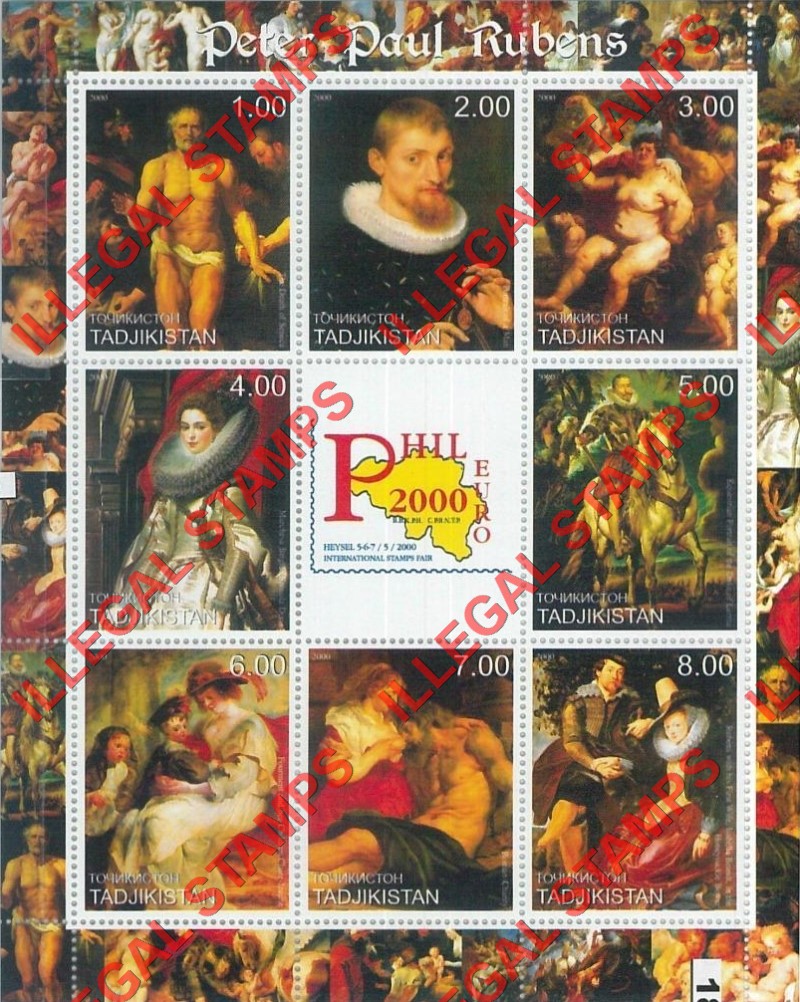 Tajikistan 2000 Paintings by Peter Paul Rubens Illegal Stamp Souvenir Sheet of 8 Plus Phil Euro Stamp Fair Label