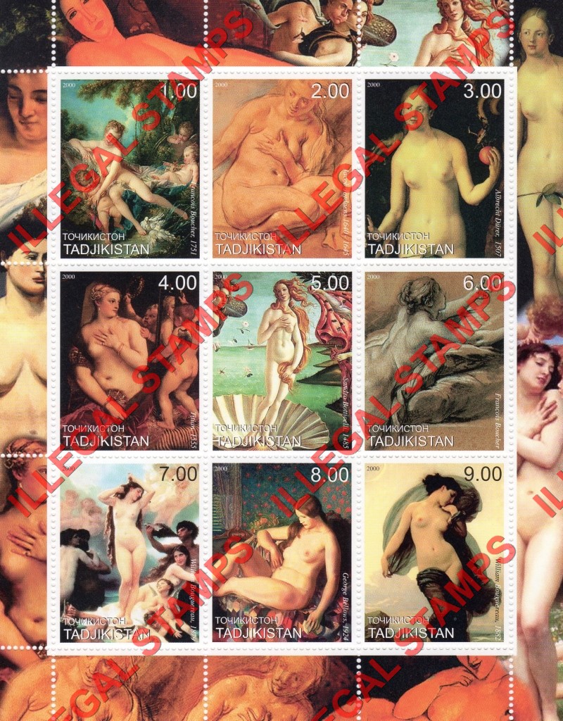 Tajikistan 2000 Paintings Nudes Illegal Stamp Souvenir Sheet of 9