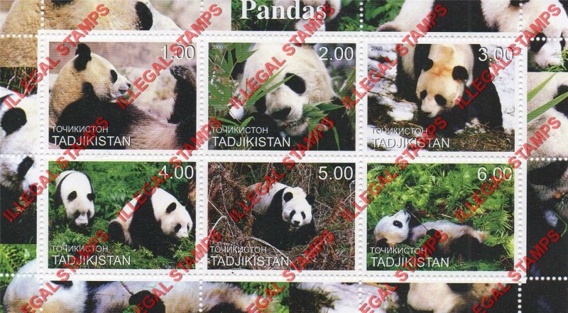 Tajikistan 2000 Pandas Illegal Stamp Souvenir Sheet of 9