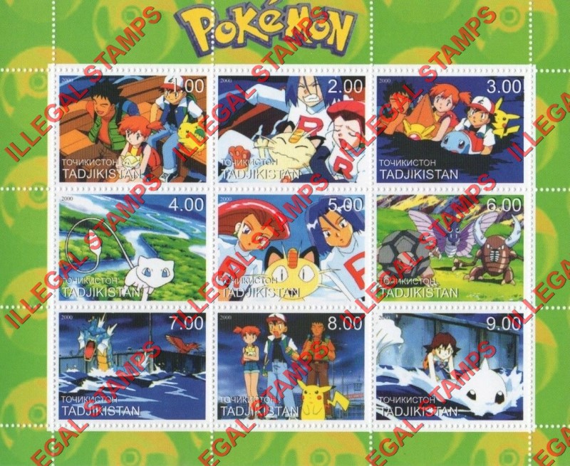 Tajikistan 2000 Pokemon Illegal Stamp Souvenir Sheet of 9