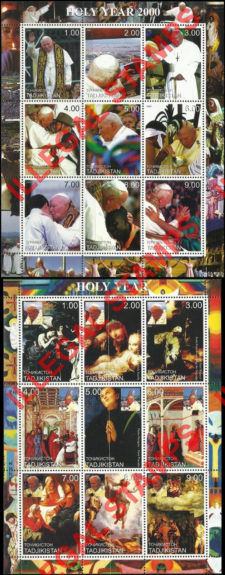 Tajikistan 2000 Pope John Paul II Holy Year Illegal Stamp Souvenir Sheets of 9