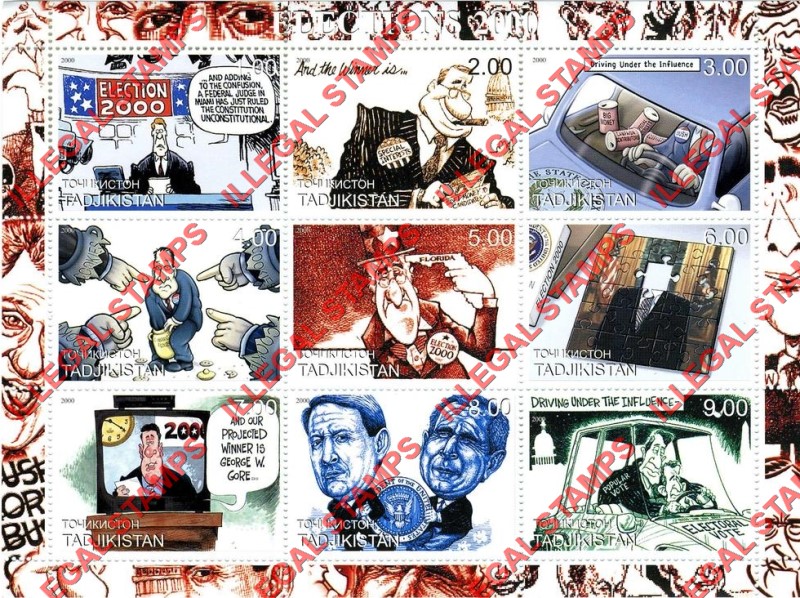 Tajikistan 2000 Presidential Elections Political Comics Illegal Stamp Souvenir Sheet of 9