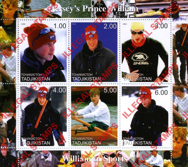 Tajikistan 2000 Prince William Illegal Stamp Souvenir Sheet of 9