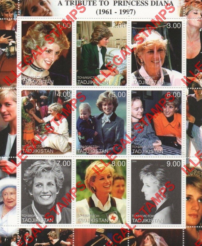 Tajikistan 2000 Princess Diana Illegal Stamp Souvenir Sheets of 9 (Part 1)