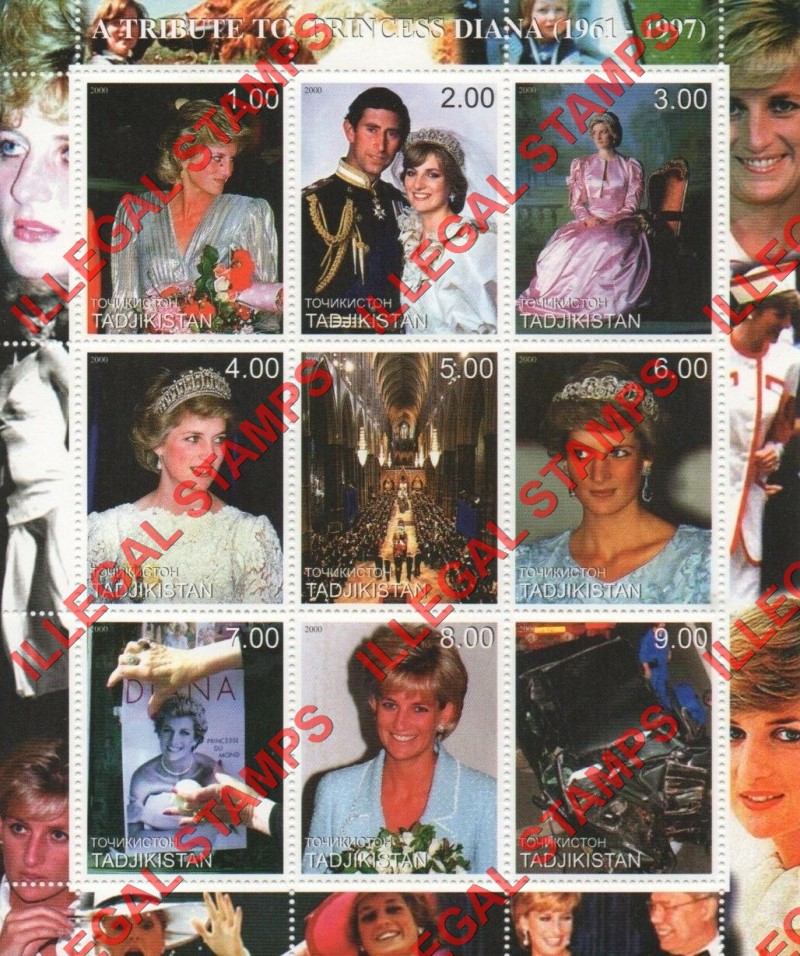 Tajikistan 2000 Princess Diana Illegal Stamp Souvenir Sheets of 9 (Part 2)