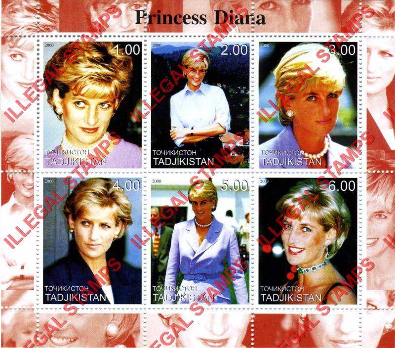 Tajikistan 2000 Princess Diana Illegal Stamp Souvenir Sheet of 6