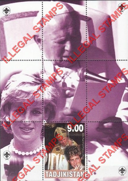 Tajikistan 2000 Princess Diana with Pope John Paul II Illegal Stamp Souvenir Sheet of 1