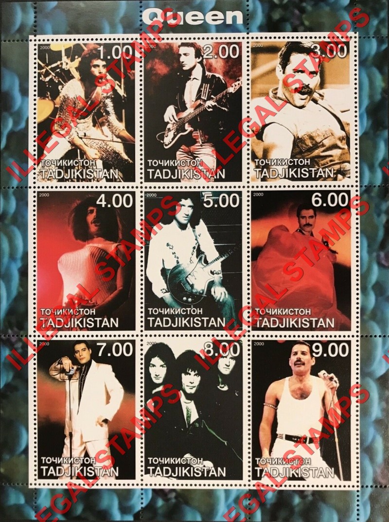 Tajikistan 2000 Queen Freddie Mercury Illegal Stamp Souvenir Sheet of 9