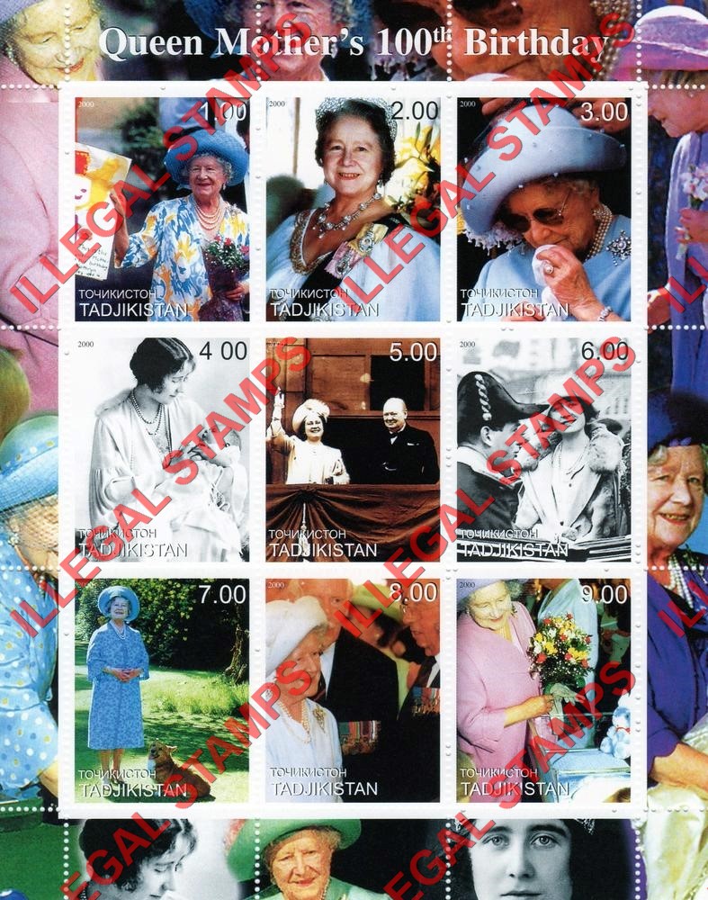Tajikistan 2000 Queen Mother's 100th Birthday Illegal Stamp Souvenir Sheet of 9
