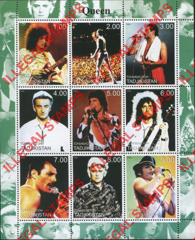Tajikistan 2000 Queen Rock Band Illegal Stamp Souvenir Sheet of 9