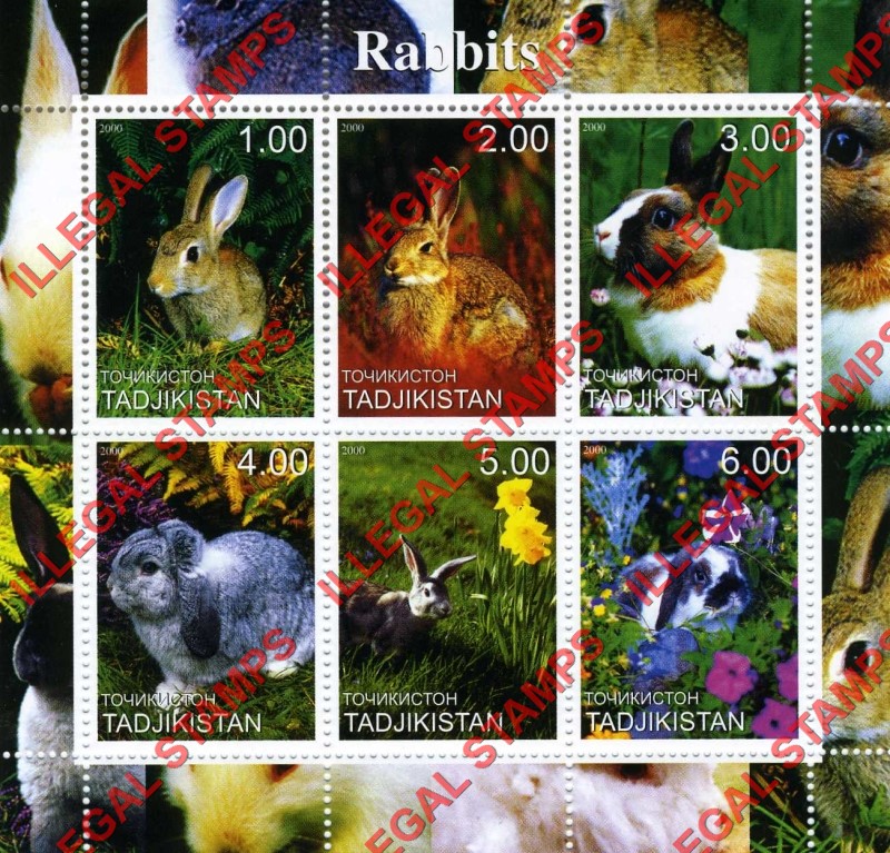Tajikistan 2000 Rabbits Illegal Stamp Souvenir Sheet of 9