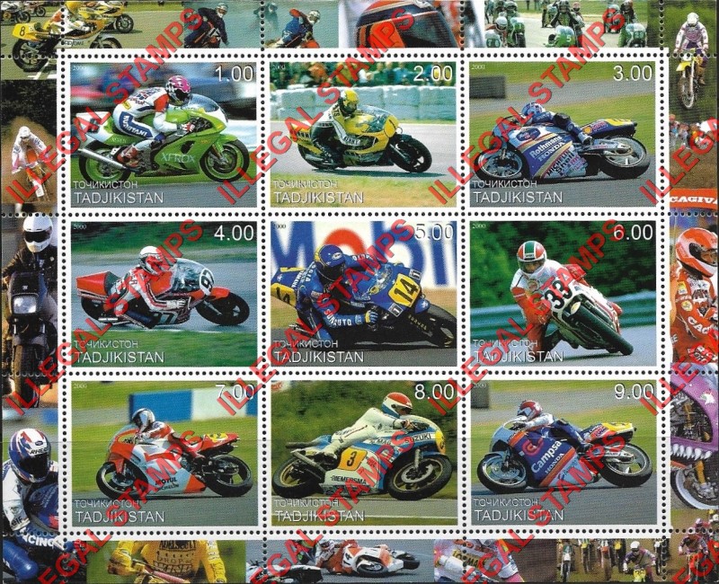 Tajikistan 2000 Racing Motorcycles Illegal Stamp Souvenir Sheet of 9