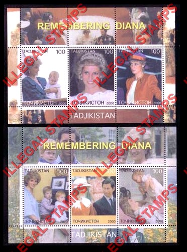 Tajikistan 2000 Remembering Diana Illegal Stamp Souvenir Sheets of 3