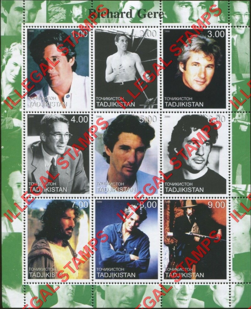 Tajikistan 2000 Richard Gere Illegal Stamp Souvenir Sheet of 9