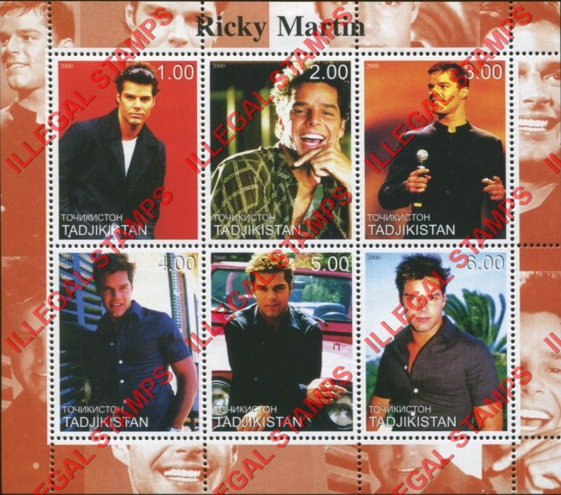 Tajikistan 2000 Ricky Martin Illegal Stamp Souvenir Sheet of 9