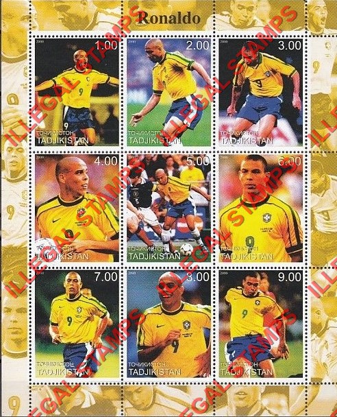 Tajikistan 2000 Ronaldo Soccer Player Illegal Stamp Souvenir Sheet of 9