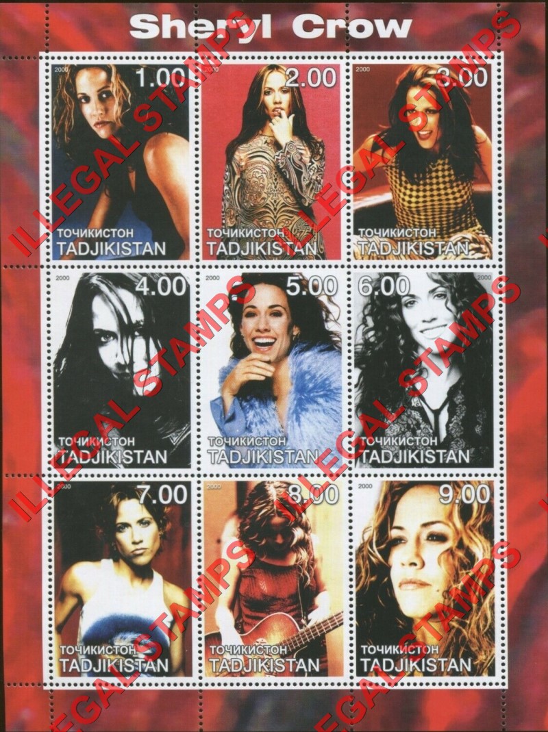 Tajikistan 2000 Sheryl Crow Illegal Stamp Souvenir Sheet of 9