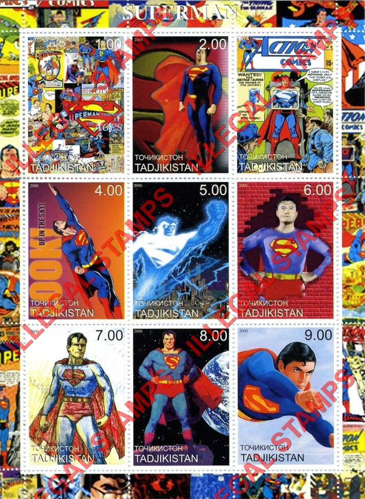 Tajikistan 2000 Superman Illegal Stamp Souvenir Sheet of 9
