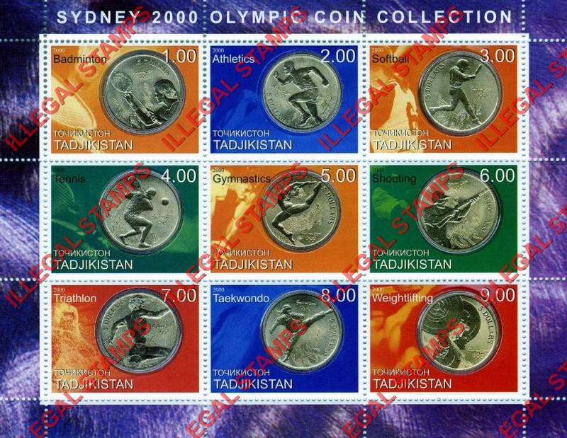 Tajikistan 2000 Sydney Summer Olympic Games Coin Collection Illegal Stamp Souvenir Sheet of 9