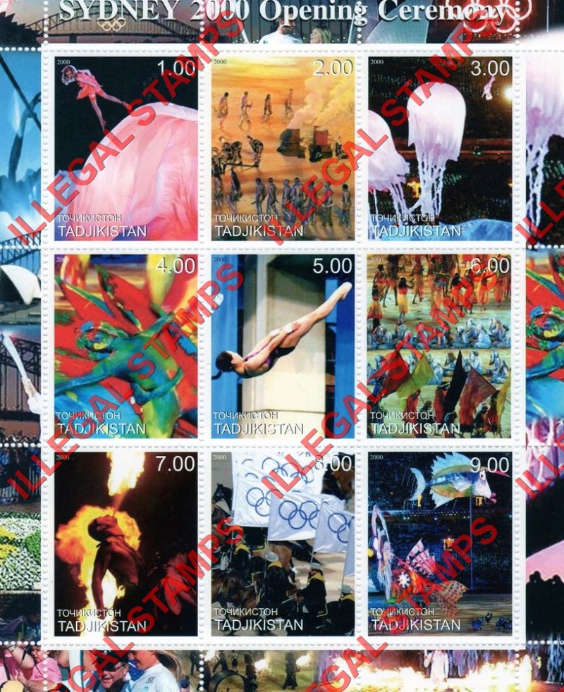 Tajikistan 2000 Sydney Summer Olympic Games Illegal Stamp Souvenir Sheets of 9 (Sheet 1)