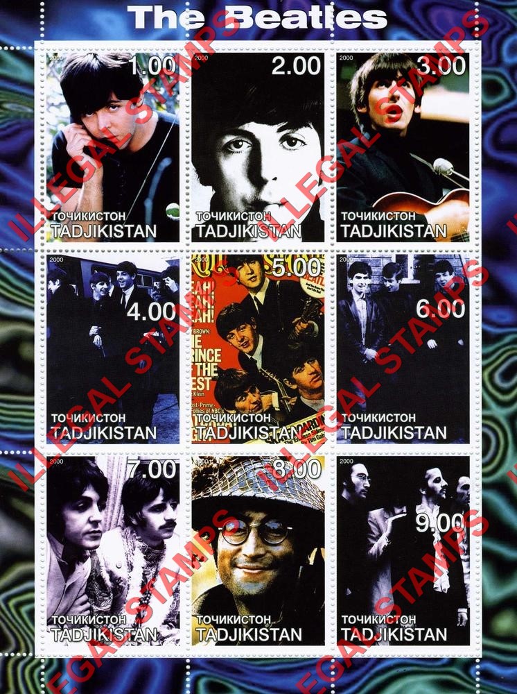 Tajikistan 2000 The Beatles Illegal Stamp Souvenir Sheet of 9