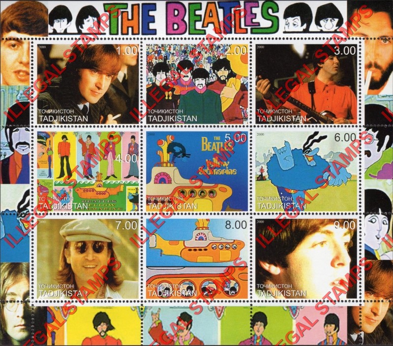 Tajikistan 2000 The Beatles Yellow Submarine Illegal Stamp Souvenir Sheet of 9