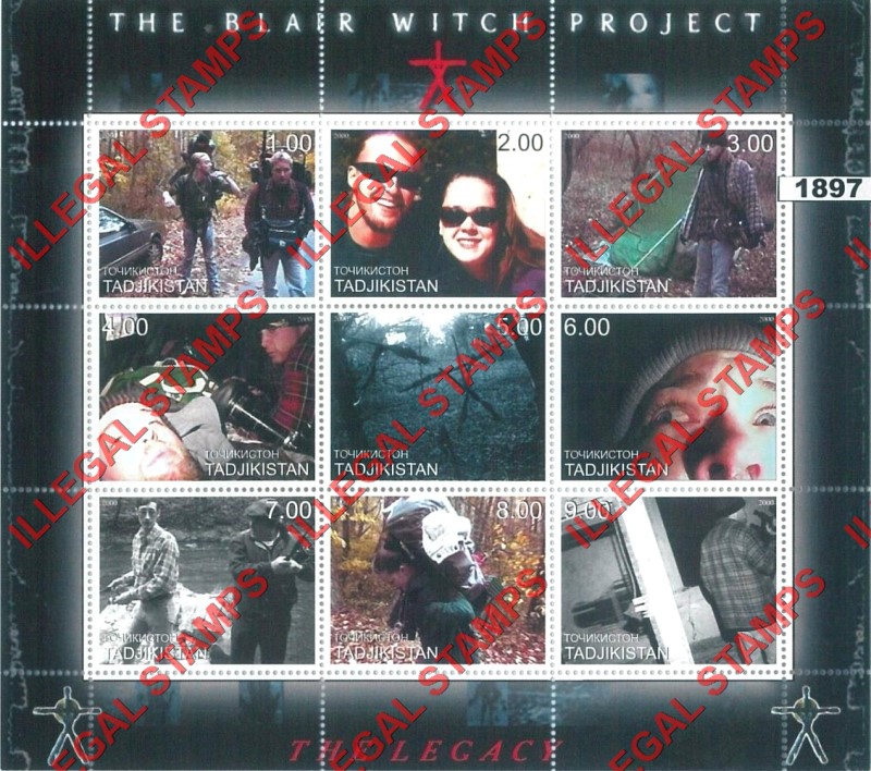 Tajikistan 2000 The Blair Witch Project Illegal Stamp Souvenir Sheet of 9