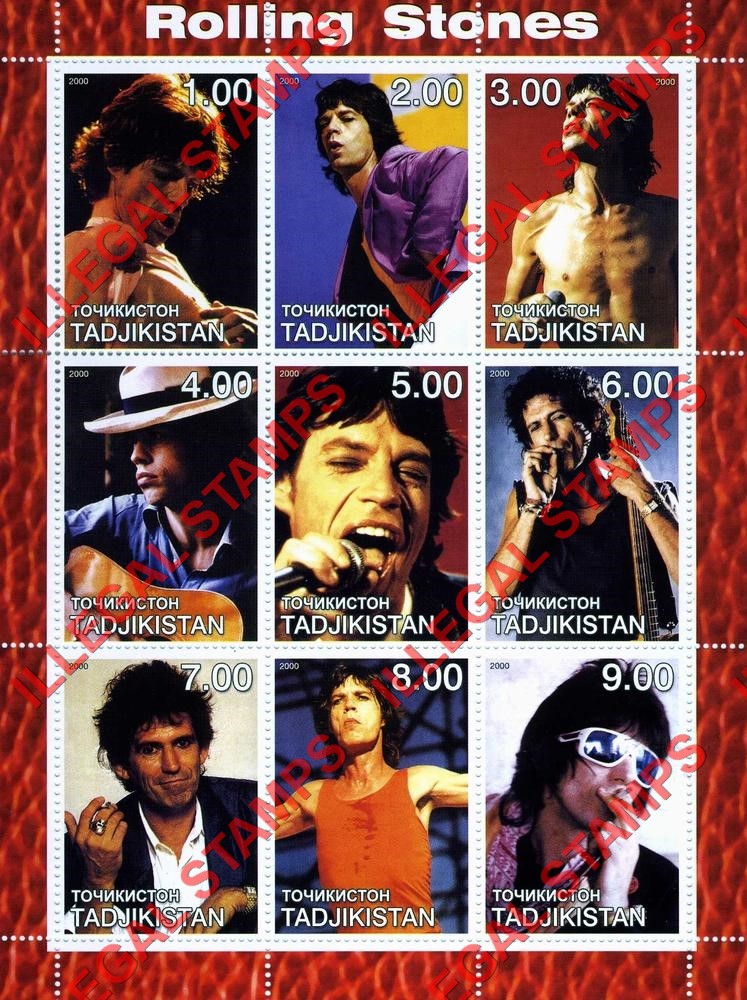 Tajikistan 2000 The Rolling Stones Illegal Stamp Souvenir Sheet of 9