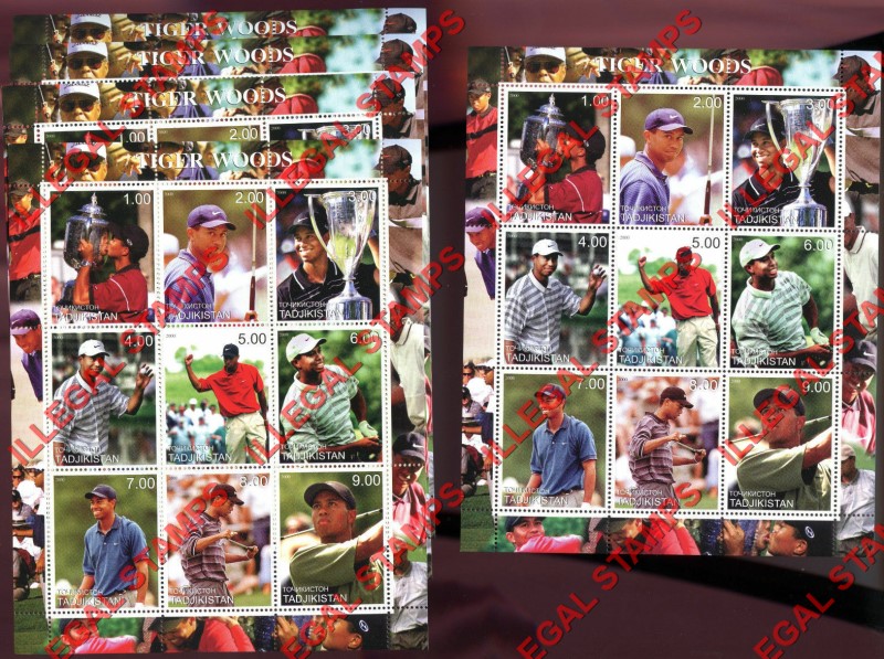 Tajikistan 2000 Tiger Woods Golf Illegal Stamp Souvenir Sheet of 9 Bulk Sale