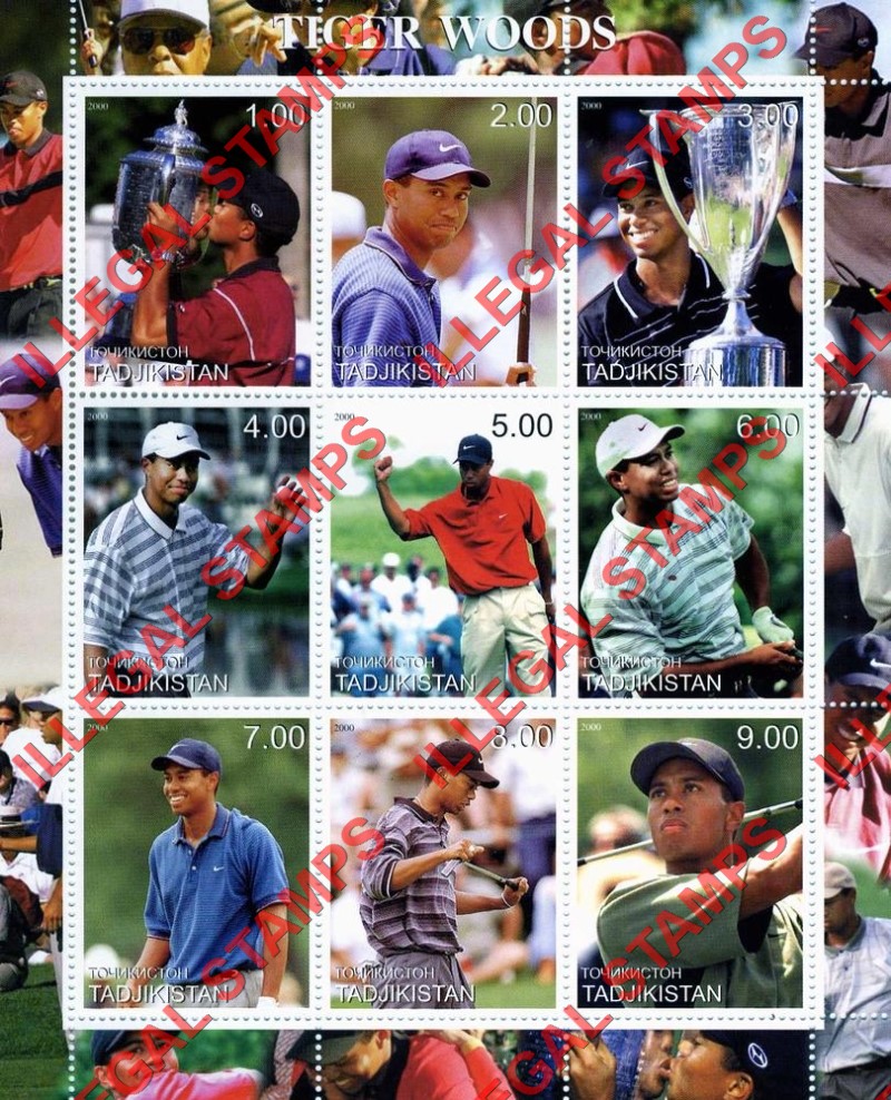 Tajikistan 2000 Tiger Woods Golf Illegal Stamp Souvenir Sheet of 9