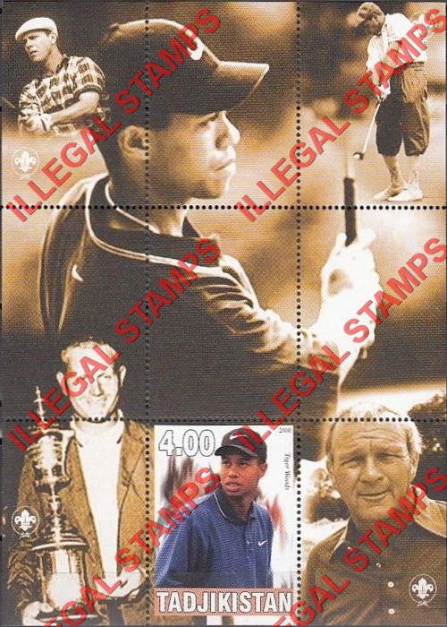 Tajikistan 2000 Tiger Woods Golf Illegal Stamp Souvenir Sheet of 1