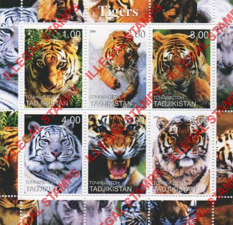 Tajikistan 2000 Tigers Illegal Stamp Souvenir Sheet of 6