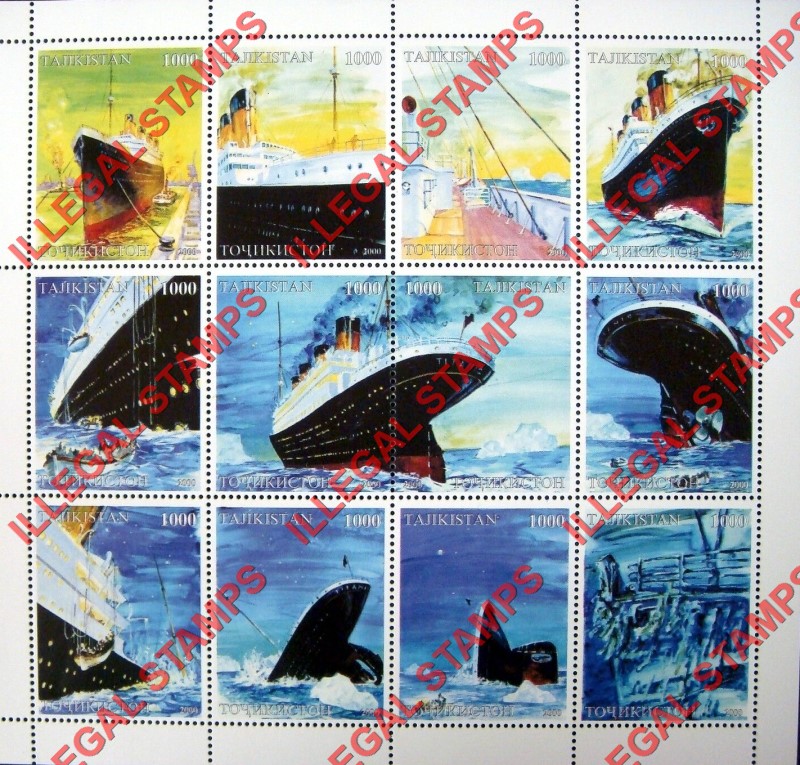 Tajikistan 2000 Titanic Illegal Stamp Souvenir Sheet of 12
