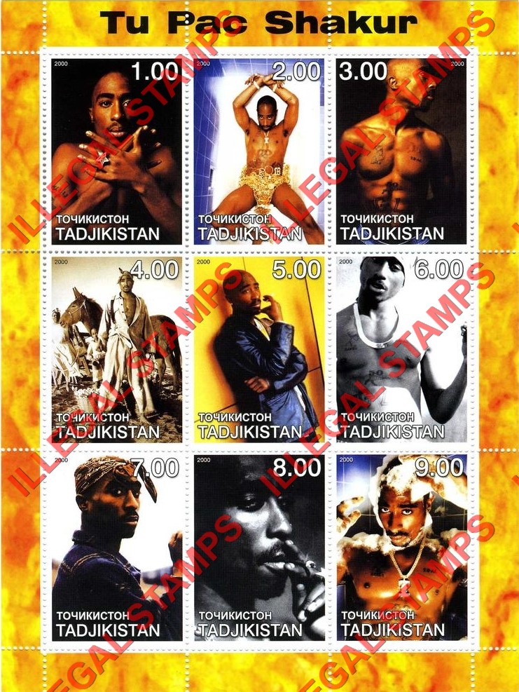 Tajikistan 2000 Tu Pac Shakur Illegal Stamp Souvenir Sheet of 9