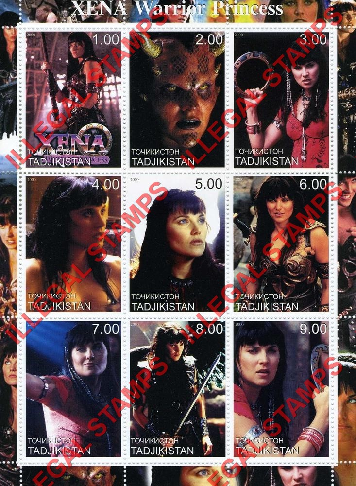 Tajikistan 2000 XENA Warrior Princess Illegal Stamp Souvenir Sheet of 9