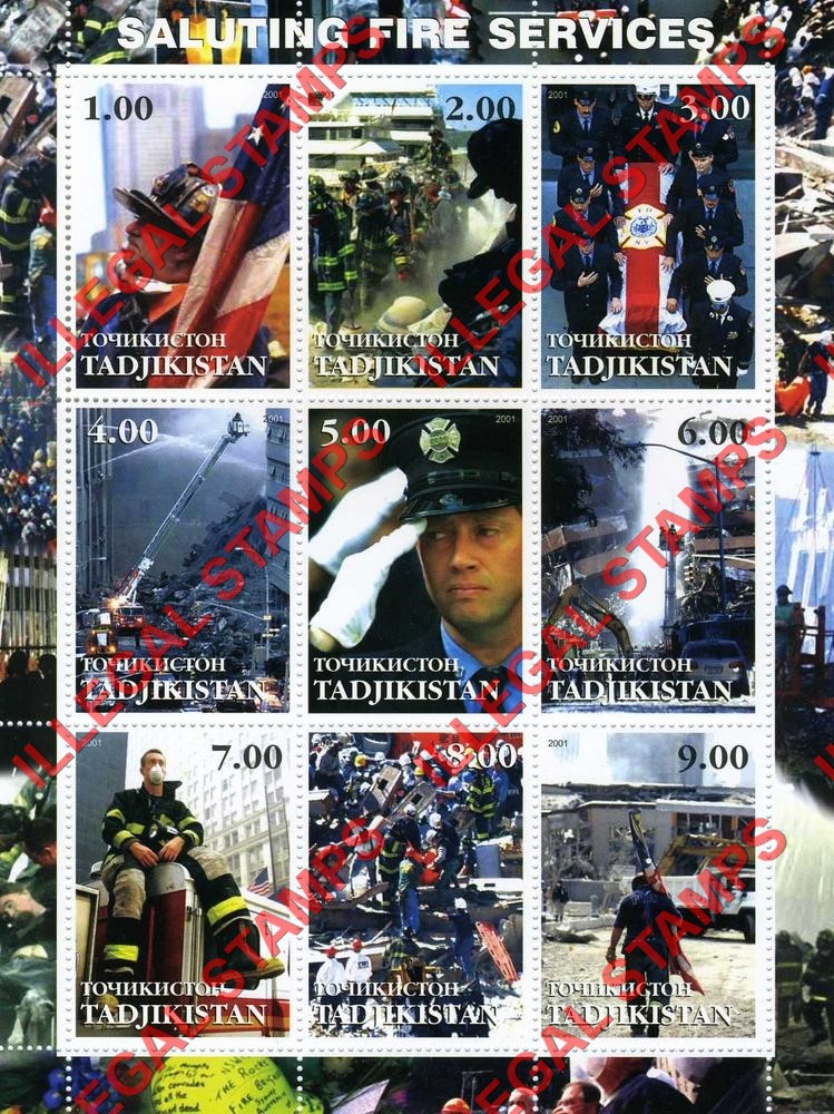 Tajikistan 2001 9-11 Saluting Fire Services Illegal Stamp Souvenir Sheet of 9