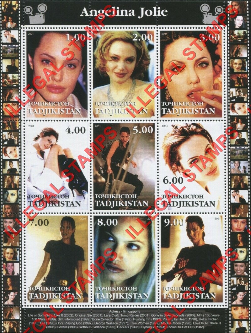Tajikistan 2001 Angelina Jolie Illegal Stamp Souvenir Sheet of 9