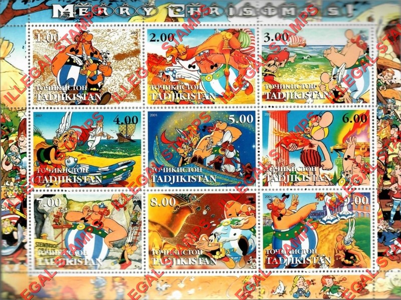 Tajikistan 2001 Aterix Christmas Illegal Stamp Souvenir Sheet of 9