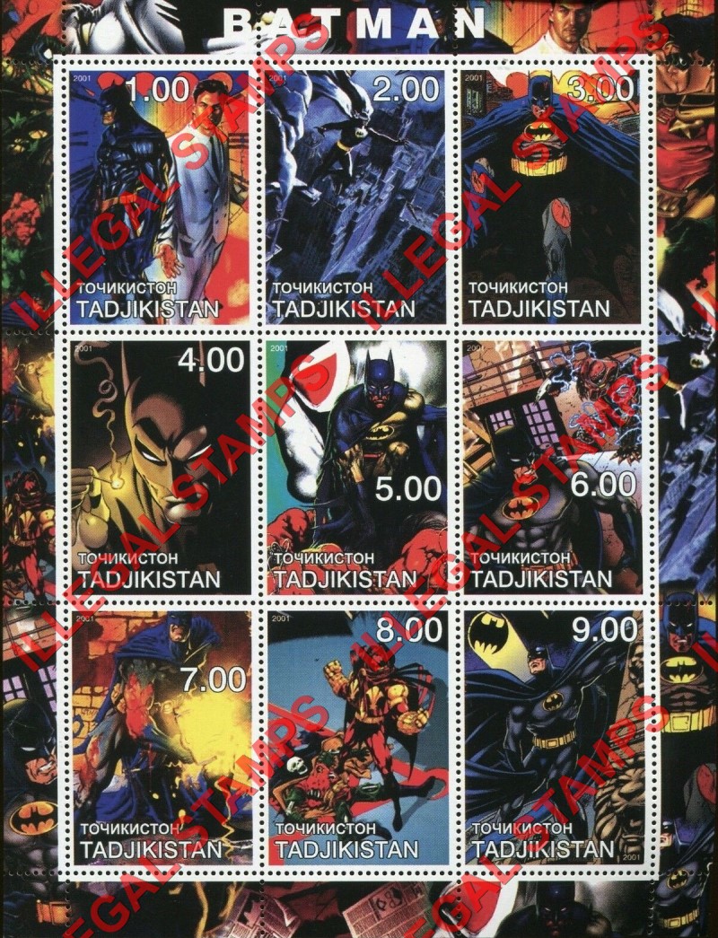 Tajikistan 2001 Batman Illegal Stamp Souvenir Sheet of 9