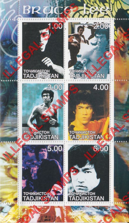Tajikistan 2001 Bruce Lee Illegal Stamp Souvenir Sheet of 6